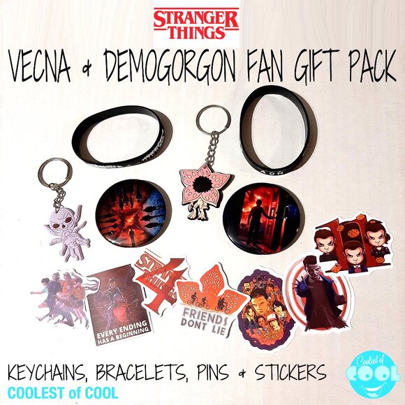 Stranger Things Vecna an Demogorgon Fan gift set Keyrings Pins Bracelet Stickers - Picture 1 of 3